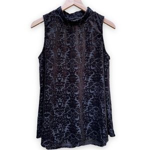 New Directions Black Velvet Flocked Damask Mock Neck Sleeveless Top Medium